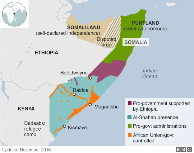 Territory control map of Somalia, also showing Dadaab refugee camp in Kenya