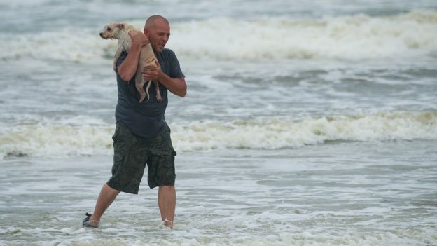 Hombre sujetando a su perro