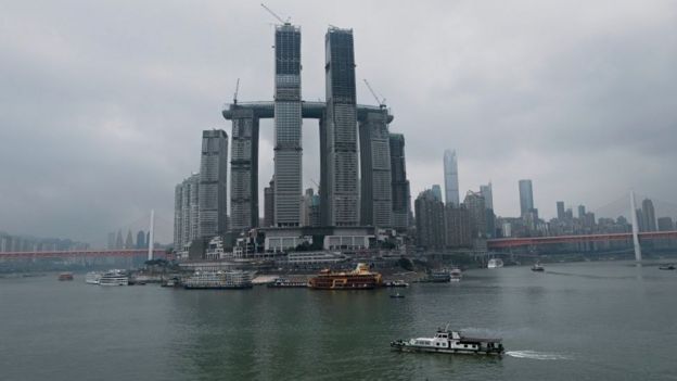 Raffles City, Chongqing, in 2019 - mimicking the Marina Bay Sands hotel in Singapore