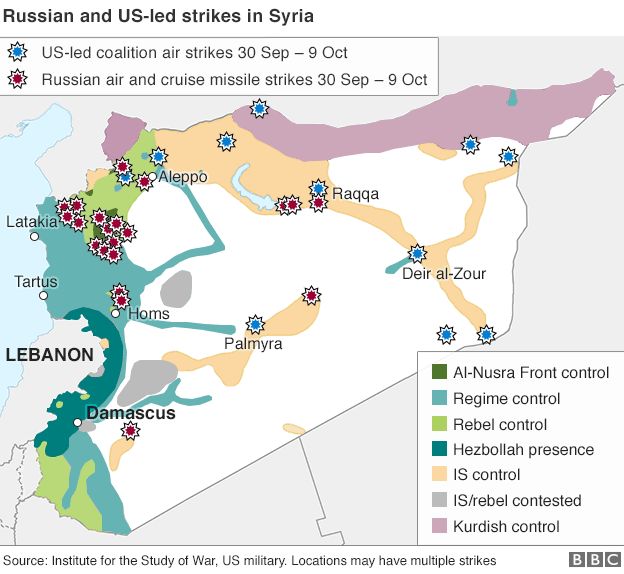 Map of Syria showing control by warring parties and air strikes (12 Oct 2015)