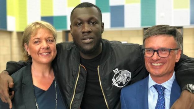Stormzy visiting his old school in South London in 2018.