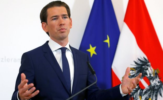 El canciller de Austria Sebastian Kurz en un discurso en Viena, Austria, el 23 de mayor de 2019.