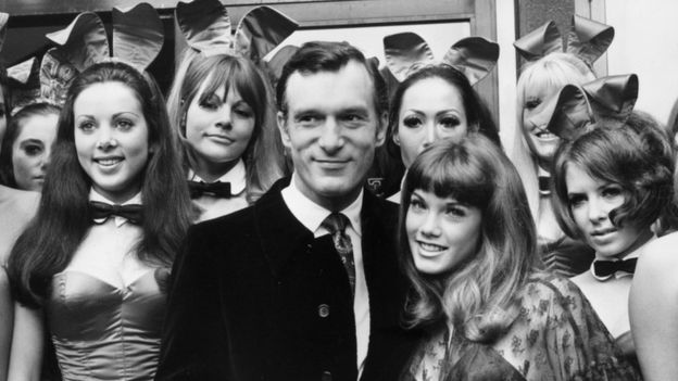 Hugh Hefner with his girl friend Barbi Benton and London Playboy Club bunnies