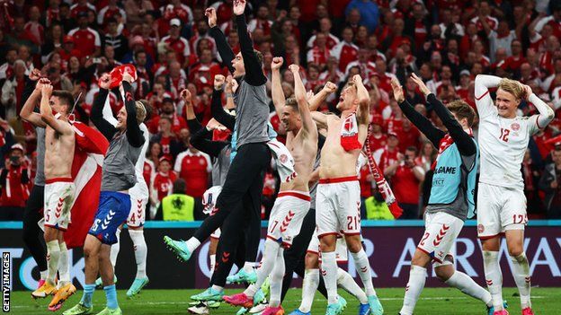 Denmark players celebrate with the fans