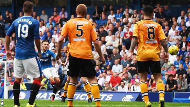 Barrie McKay (second left) lets fly from 25 yards to open the scoring for Rangers
