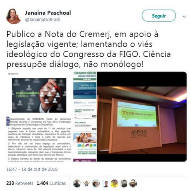 Tweet de Janaína Paschoal que diz: "Publico a Nota do Cremerj, em apoio à legislação vigente; lamentando o viés ideológico do Congresso da FIGO. Ciência pressupõe diálogo, não monólogo!"
