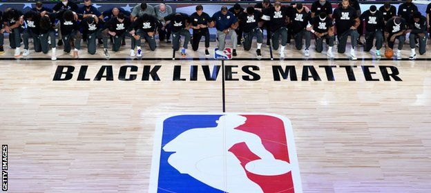 Black Lives Matter branding featured on the court alongside the league logo