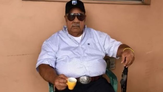 Wearing a Bay of Pigs veteran hat, he drinks a Cuban coffee for the first time in 39 years