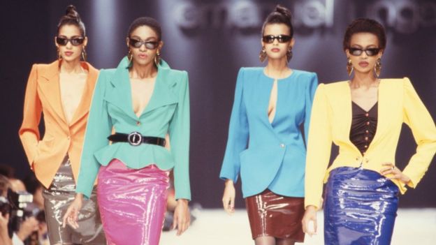 Models walk the runway in colourful suits at the Ungaro Ready to Wear Spring/Summer 1989