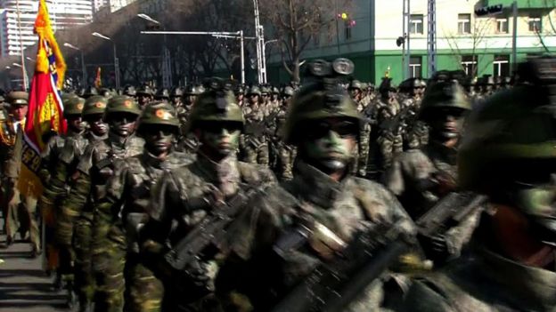 This screen grab taken from North Korea"s KCTV on February 8, 2018 shows members of North Korea"s military taking part in a parade in Kim Il Sung Square in Pyongyang. North Korea staged a military parade in Pyongyang on February 8 to mark the 70th anniversary of its armed forces, in a show of strength just a day before the Pyeongchang 2018 Winter Olympic Games open in the South. / AFP PHOTO / KCTV / KCTV / --