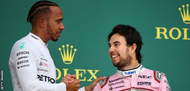 Lewis Hamilton and Sergio Perez on the podium in Baku