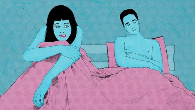 Ilustração mostrando casal na cama, ele com cara de satisfeito, e ela não