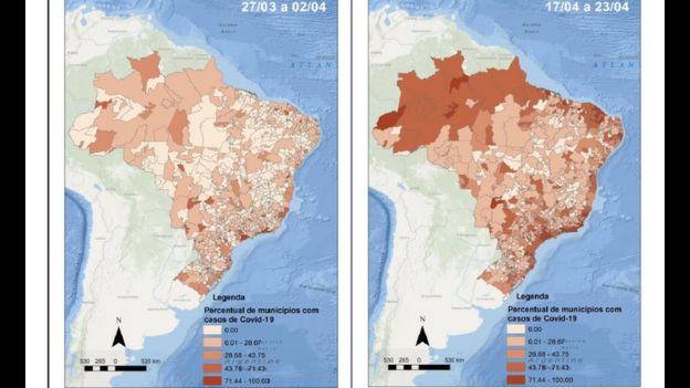 Dois mapas do Brasil com distribuição de casos pelo país, em dois períodos diferentes (27/03-02/04 e 17/04-23/04)