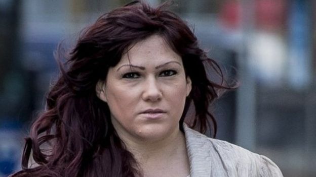 Joanne Mjadzelics, 39, from Doncaster, the ex-girlfriend of Lostprophets singer Ian Watkins, accused of possessing and distributing indecent images, arrives at Cardiff Crown Court