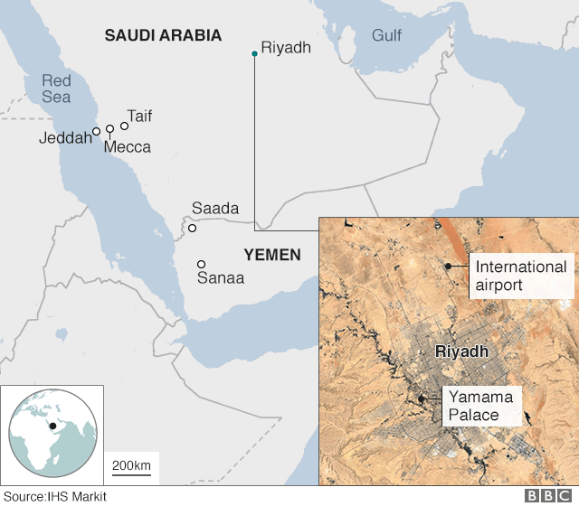 Mapa que mostra Yemen, Arábia Saudita e close-up de Riyadh