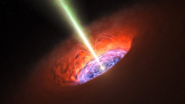 Impressão artística de um buraco negro emitindo raios de energia após consumir uma estrela