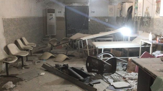 Damage from attack on Al Maghara cave hospital in Kafr Zita, 1 February