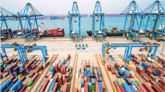 An aerial view of a port in Qingdao in China's eastern Shandong province, March 2019