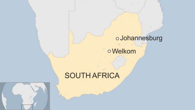 Map of South Africa with Welkom, where mine is, and Johannesburg marked