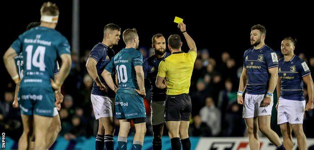 Jamison Gibson-Park is shown a yellow card