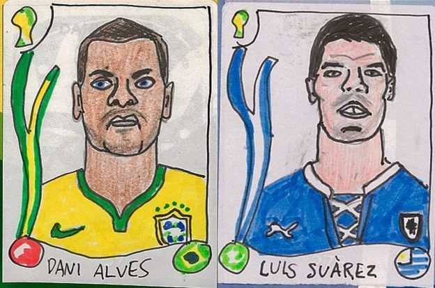 Ilustrações dos jogadores Daniel Alves e Luis Suárez