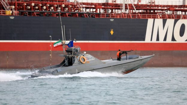 An IRGC patrol boat circling the British flagged Stena Impero which was detained by Iran last year