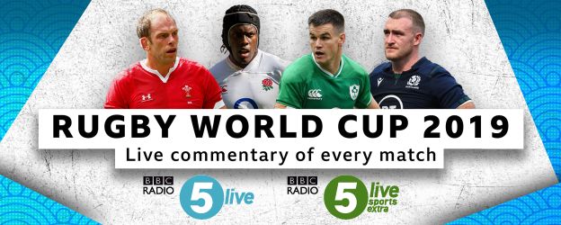 Graphic advertising that BBC Radio 5 Live will have live commentary of every match at the Rugby World Cup