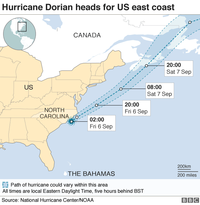Map of Hurricane Dorian's predicted path