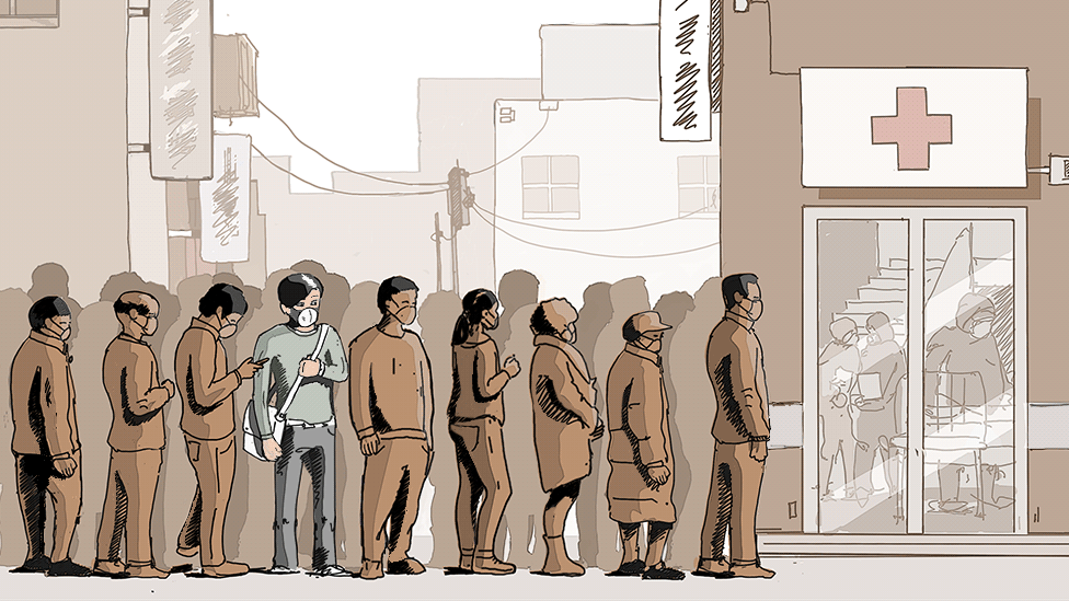 Illustration of waiting for care in a hospital in Wuhan