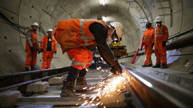 Construction workers continue to build the Crossrail underground line in the Stepney tunnel on November 16, 2016 in London