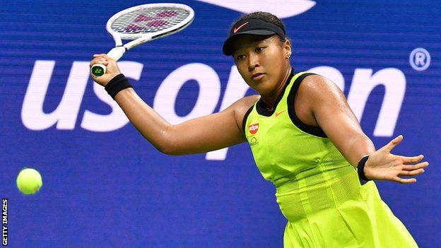 Naomi Osaka plays a forehand shot during the 2021 US Open