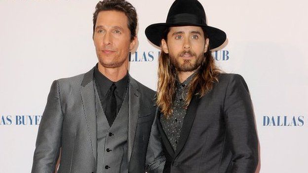 Actors Matthew McConaughey and Jared Leto attend the "Dallas Buyers Club" UK premiere at the Curzon Mayfair on 29 January 2014 in London, England