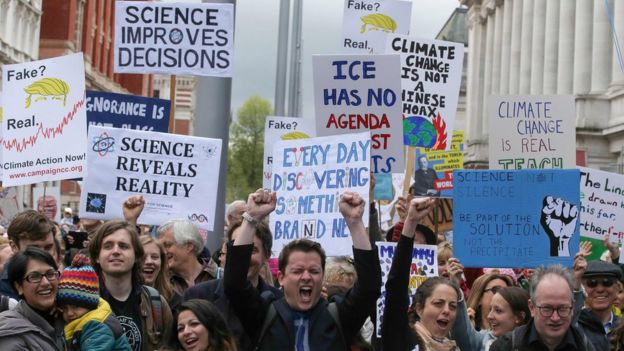 Scientists and science enthusiasts gather for the March for Science outside the Science Museum in central London, 22 April 2017