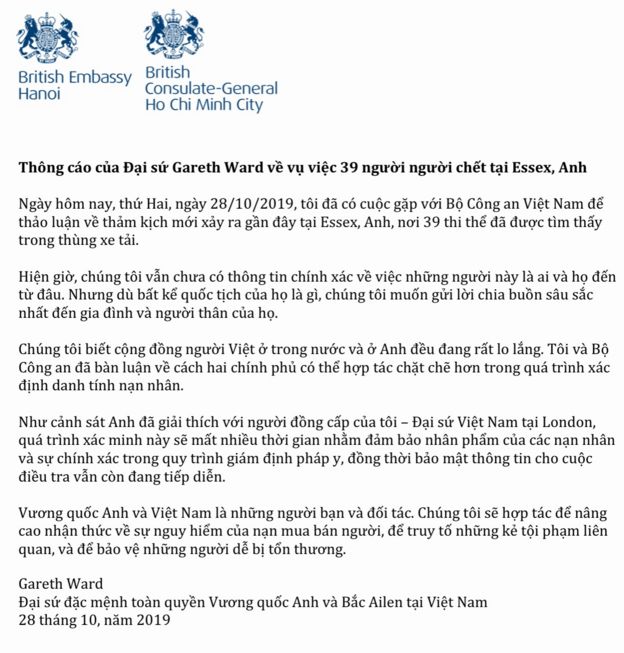 Thông cáo của Đại sứ Anh Quốc tại Việt Nam ông Gareth Ward