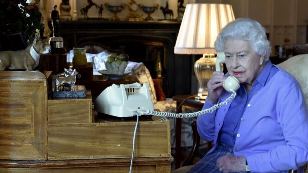 The Queen conducting her weekly audience with Boris Johnson on the telephone