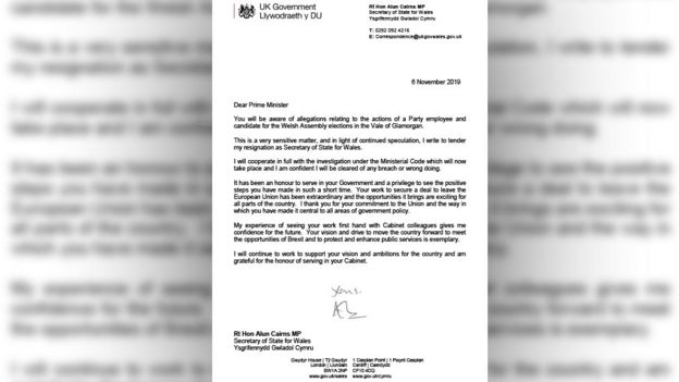 Alun Cairns' resignation letter