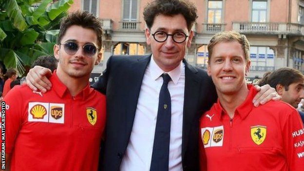Charles Leclerc and Sebastian Vettel with Ferrari team boss Mattia Binotto