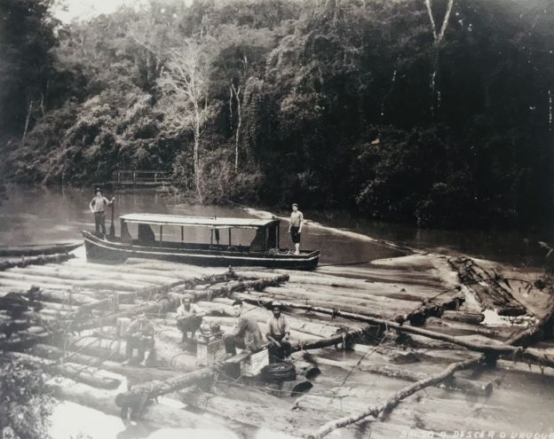 Transporte de madeira por balsas no rio Uruguai, na região Sul