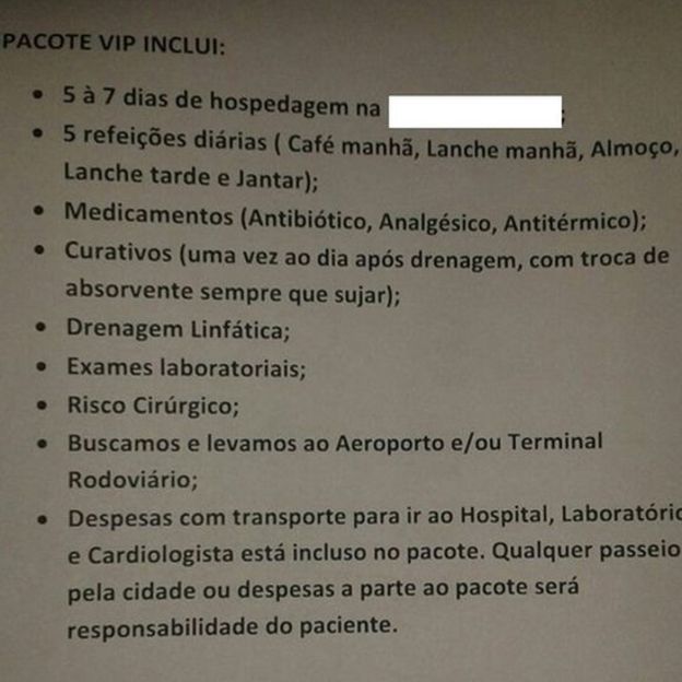 Exemplo de anúncio de pacote para cirurgias plásticas na Bolívia ofertado na internet