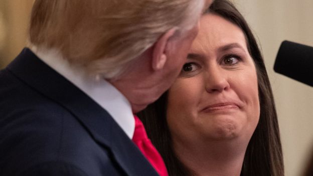 Outgoing White House Press Secretary Sarah Huckabee Sanders speaks alongside US President Donald Trump during a second chance hiring and criminal justice reform event in the East Room of the White House in Washington, DC, June 13, 201