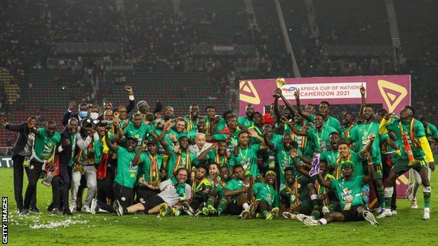 Senegal's men's team celebrate winning the 2022 Africa Cup of Nations