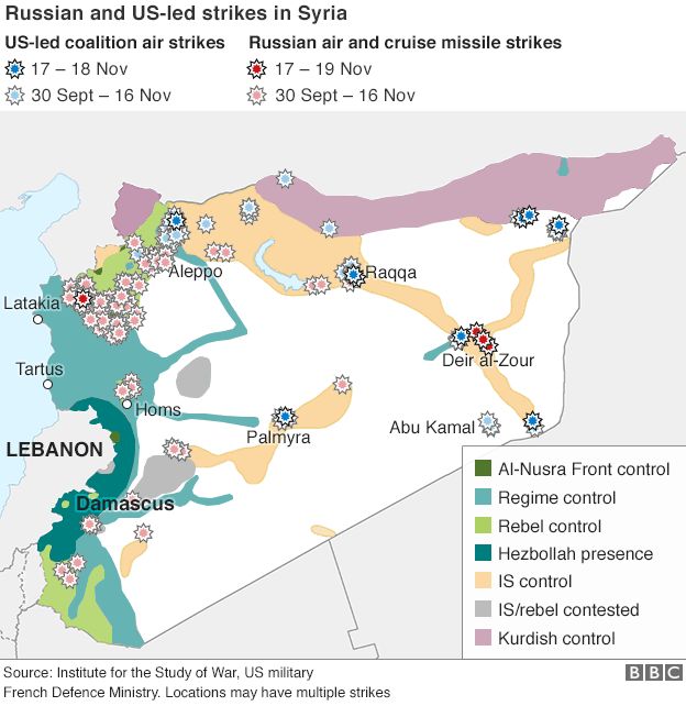 Map showing Russian and coalition air strikes in Syria