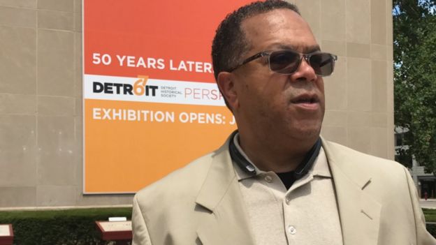 Darryle Buchanan reflects on the Detroit 1967 riots outside the Detroit Historical Museum.
