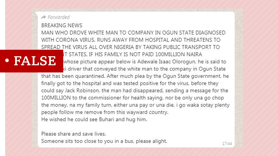 Screenshot of a false report about a taxi driver who apparently ran away from a hospital in Nigeria despite being suspected of having coronavirus