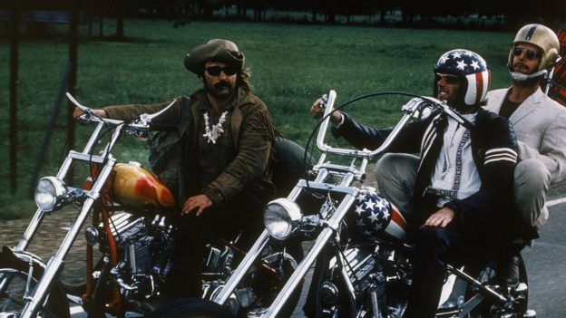Fonda, Jack Nicholson and Dennis Hopper on bikes in a still from the 1969 cult classic Easy Rider