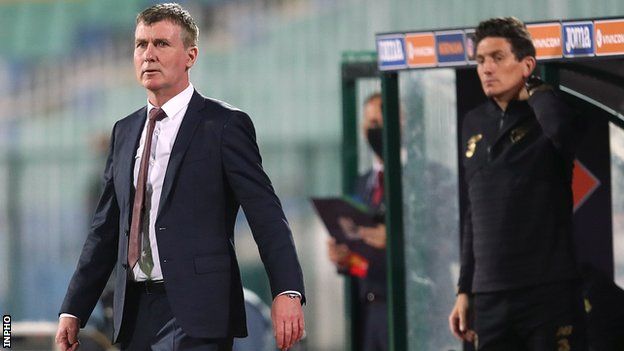 New Republic of Ireland boss Stephen Kenny watches the game in Bulgaria
