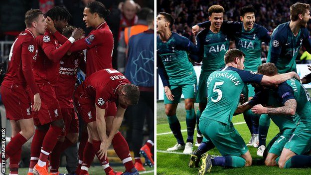 Liverpool FC and Tottenham FC players celebrate reaching the Champions League final