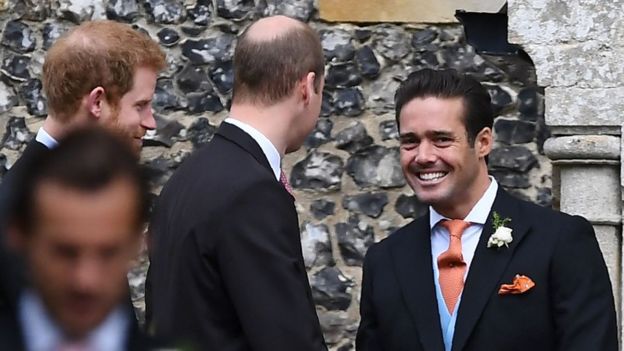 Spencer Matthews, brother of the groom, greets Britain's Prince William, Duke of Cambridge, and Britain's Prince Harry