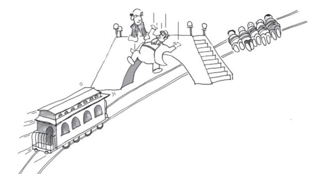 A cartoon man shown pushing another man off a bridge to save five lives