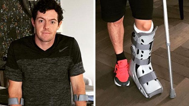 Rory McIlroy is in a protective boot after rupturing an ankle ligament